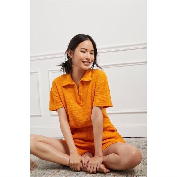 NEW Anthropologie T.La Comfy Orange Polo Shirt + Shorts Lounge Pajama Set Medium